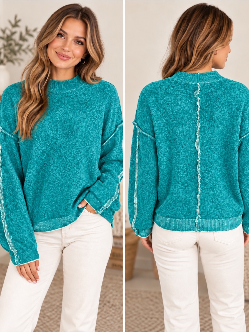 Zenana Chenille Exposed Seam Mock Neck Sweater – Teal 🩵